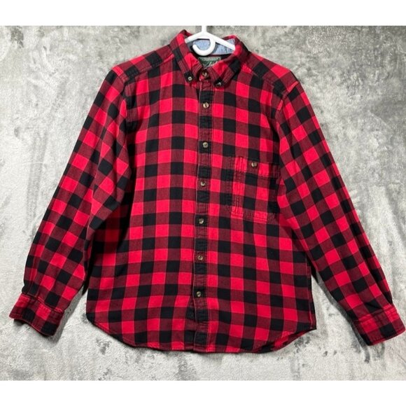 Woolrich Flannel Plaid Button Shirt Mens Size Medium Red Black Cotton Pocket - Picture 1 of 10